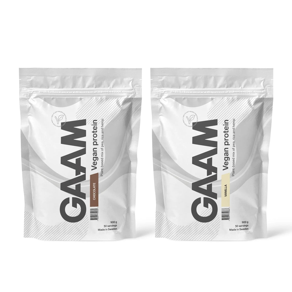 2 x GAAM Vegan Protein 900 g veganskt proteinpulver i två vita påsar för smakerna Chocolate och Vanilla.