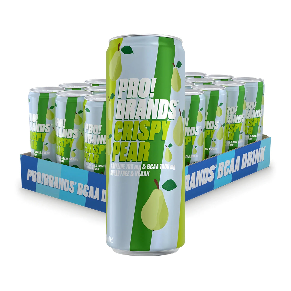 24 x Pro Brands BCAA Drink 330 ml Crispy Pear i ett blått flak med grönblå burkar dekorerade med päronmotiv.