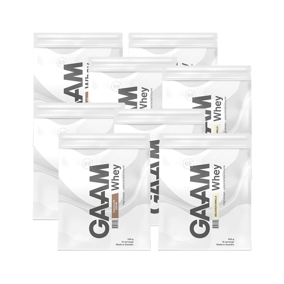 8 x GAAM Whey Proteinpulver 500 g i vita påsar med svarta detaljer för flera olika smaker., bild 1 av 1