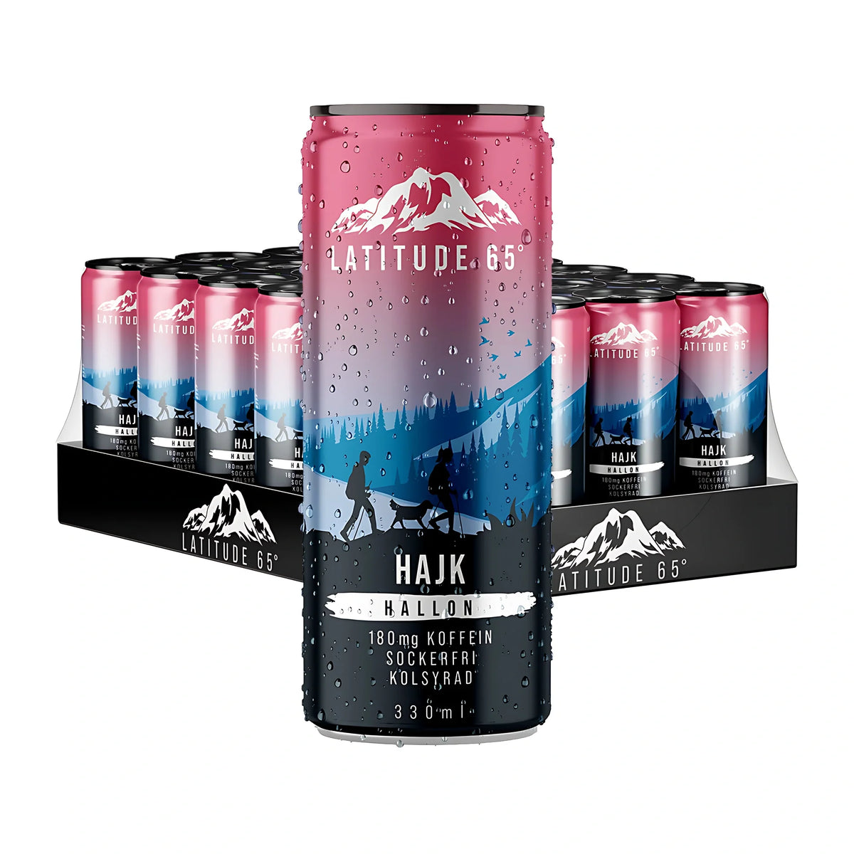 24 x Latitude 65 330 ml HAJK - Hallon i ett helt flak med en daggfrisk rosa och svart burk stående i förgrunden.