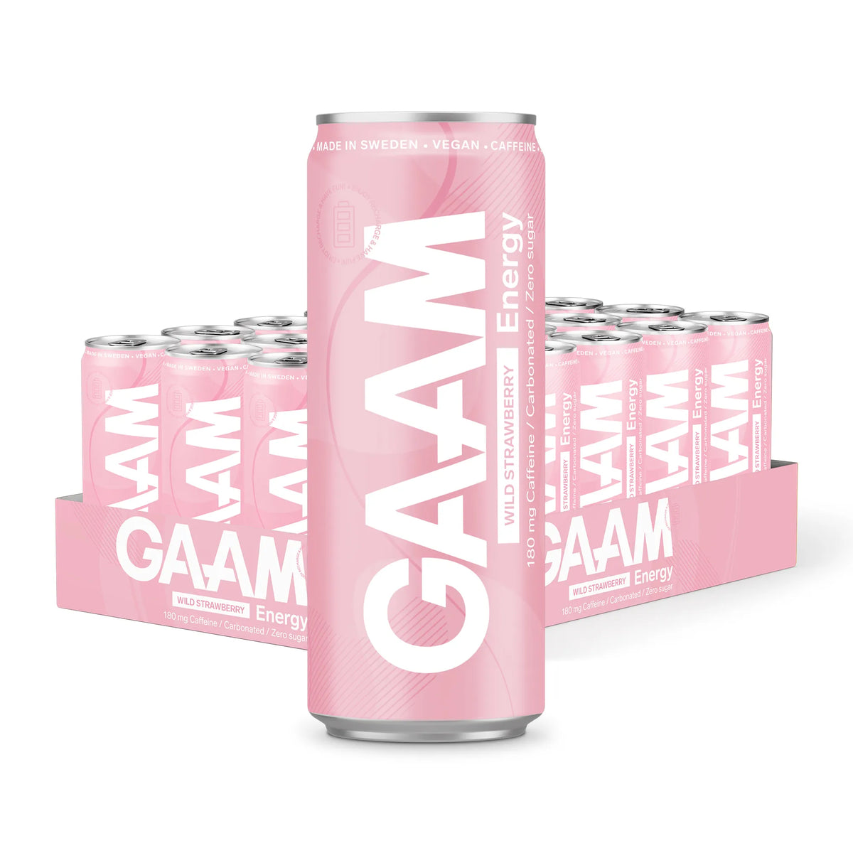 24 x GAAM Energy 330 ml Wild Strawberry energidryck i ett rosa flak med ljusrosa burkar.