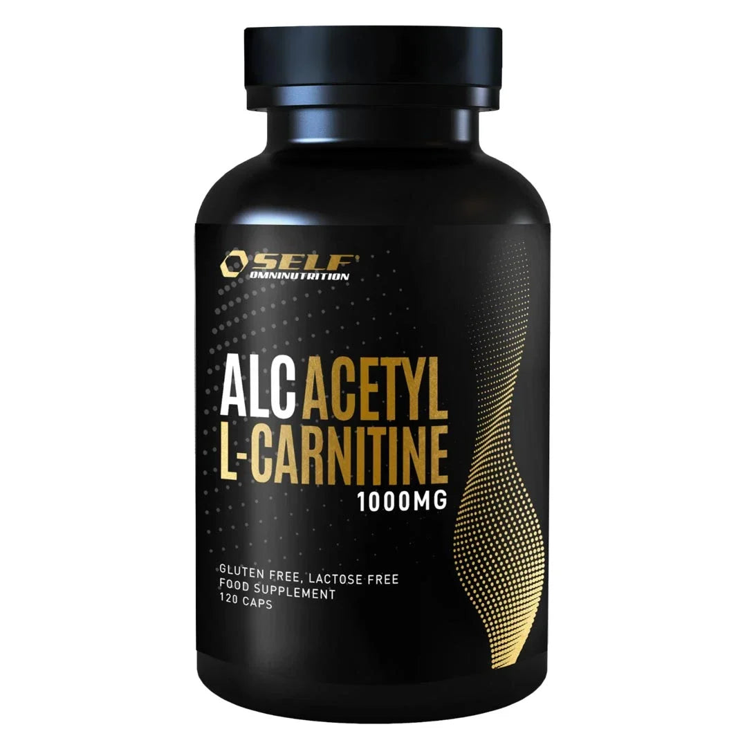 Self Omninutrition ALC 120 caps kosttillskott i en svart plastburk med guldiga detaljer.