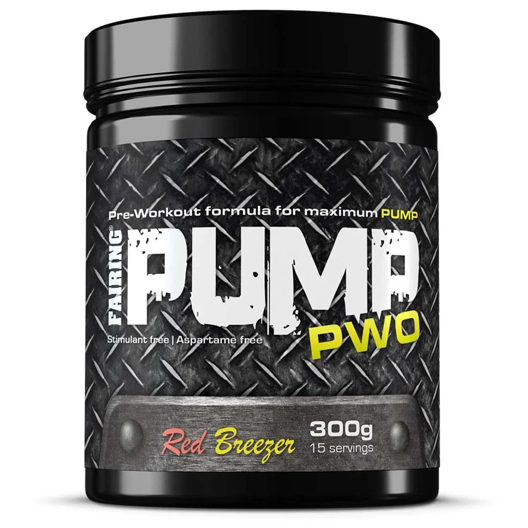 Fairing PUMP 300 g pre-workout pulver i en svart burk med mönstrad etikett och smaken Red Breezer., bild 1 av 1