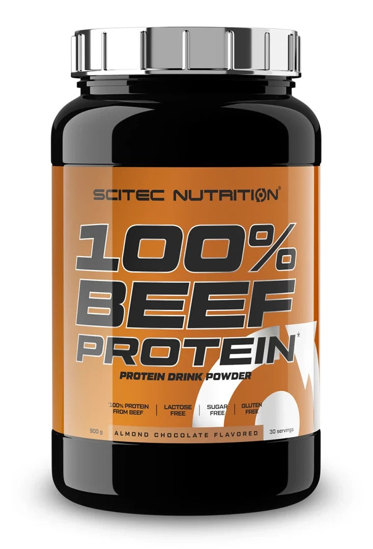 Scitec Nutrition 100% Hydro Beef Peptides 900 g biffproteinpulver i en svart burk med orange etikett., bild 1 av 1
