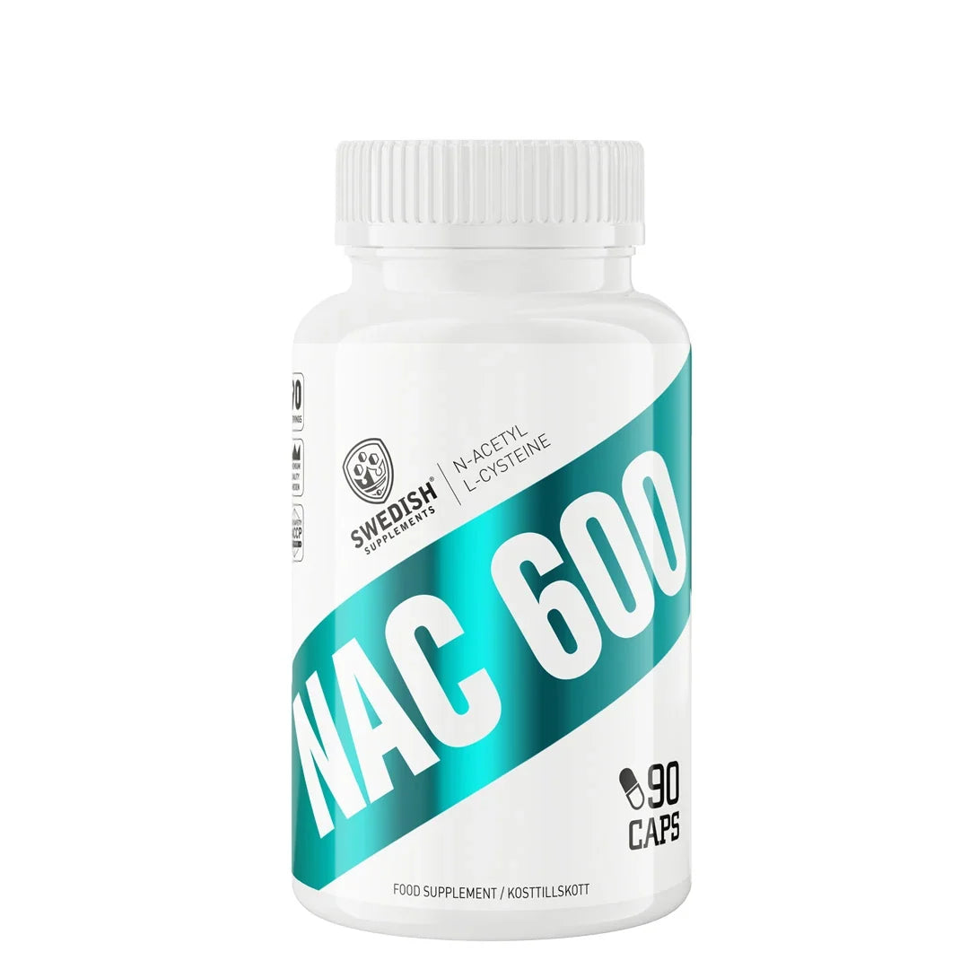 Swedish Supplements NAC 600 90 caps i en vit burk med turkos text för aminosyran N-acetyl-L-cystein.