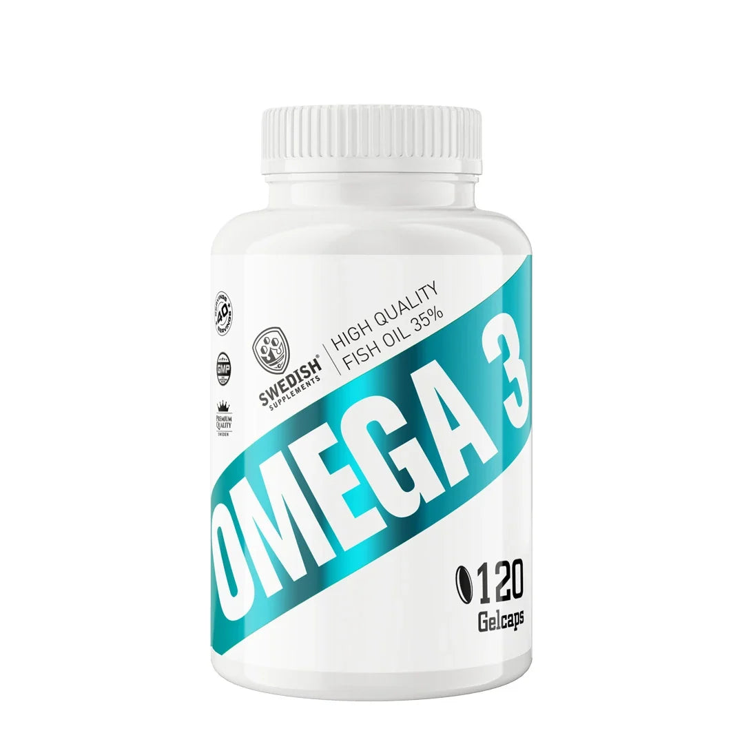 Swedish Supplements Omega 3 70% 120 caps i en vit burk med turkosa detaljer., bild 1 av 1