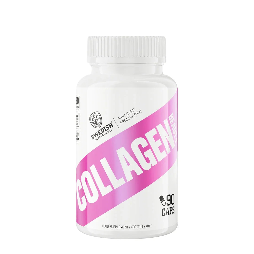 Swedish Supplements Collagen Beauty 90 caps kosttillskott förpackad i en vit burk med stora rosa detaljer., bild 1 av 1