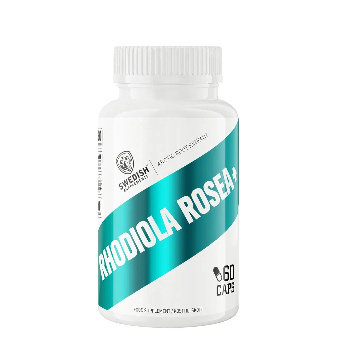 Swedish Supplements Rhodiola Rosea+ 60 caps kosttillskott i en vit burk med turkosa detaljer på etiketten., bild 1 av 1