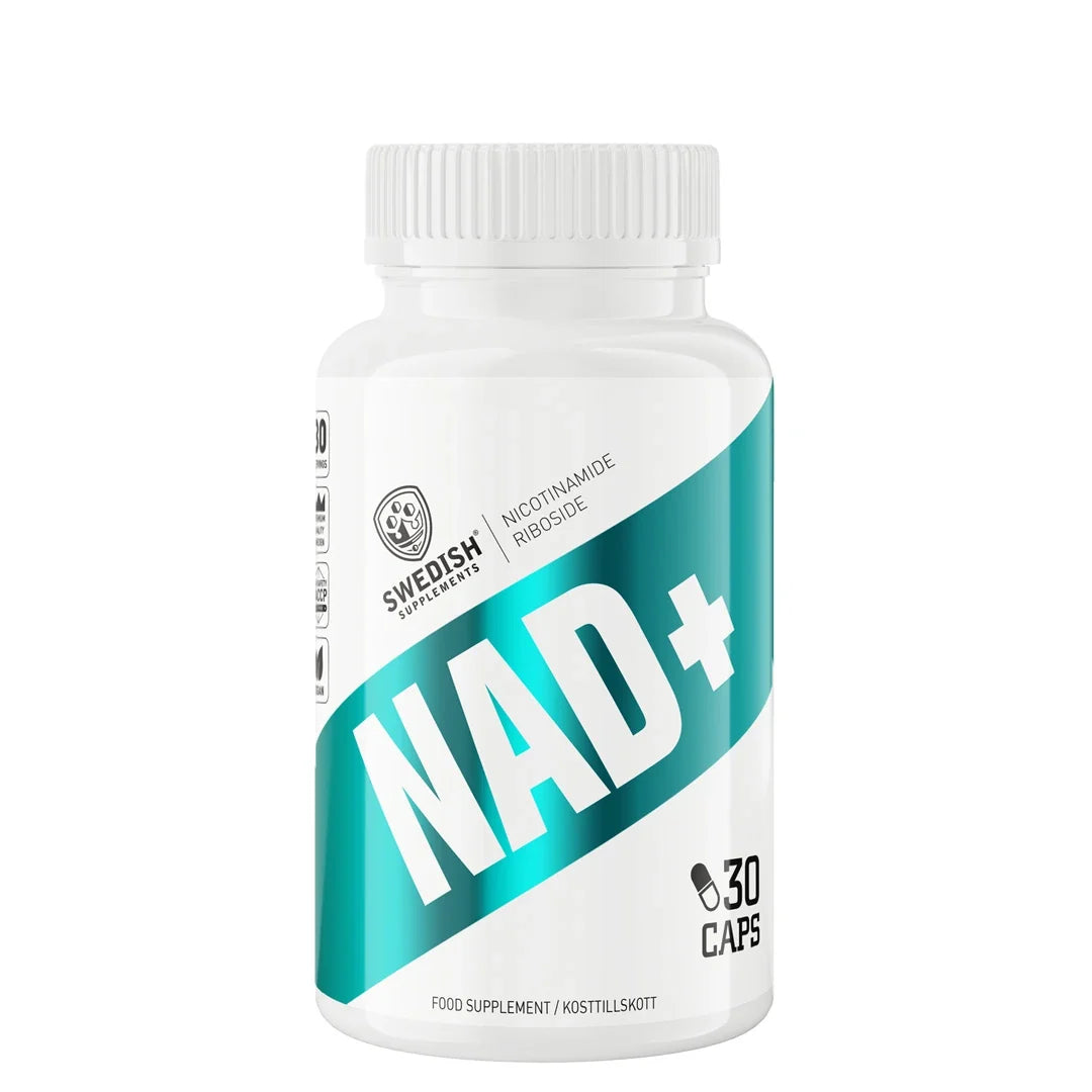 Swedish Supplements NAD+ 30 caps i en vit burk med en bred turkos bård och svart text., bild 1 av 1