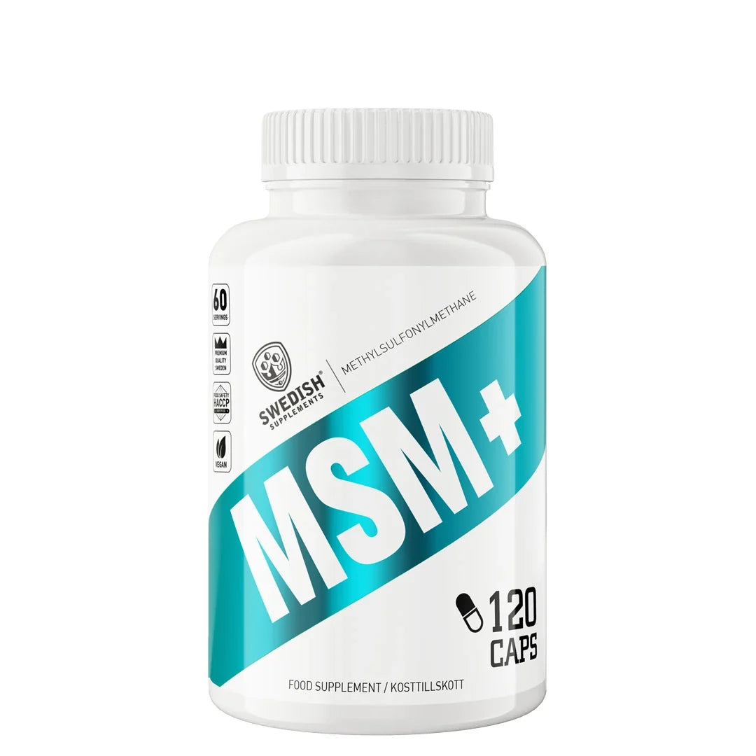 Swedish Supplements MSM+ 120 caps i en vit burk med en turkos snedställd rand och vit text., bild 1 av 1