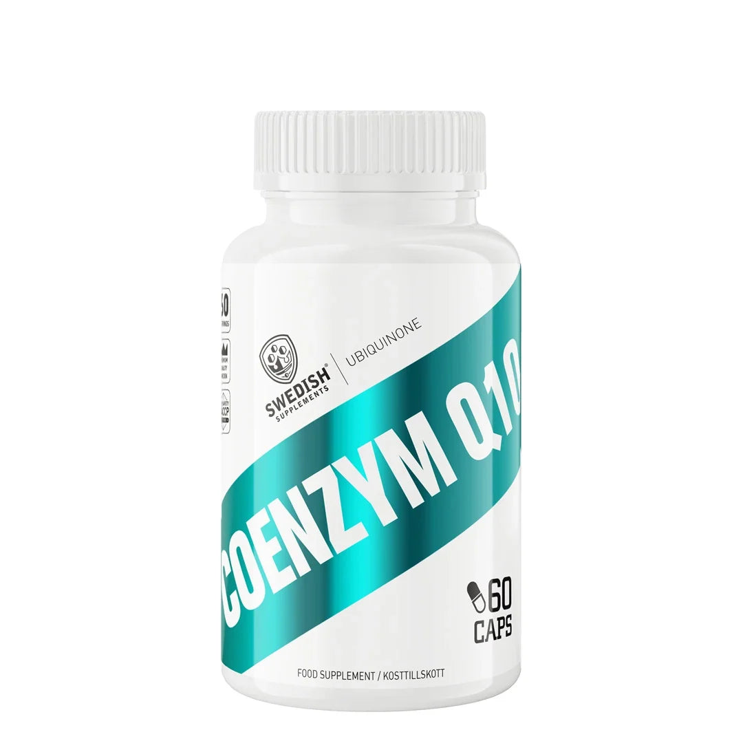 Swedish Supplements Coenzym Q10 60 caps, kosttillskott i en vit burk med turkosa detaljer., bild 1 av 1