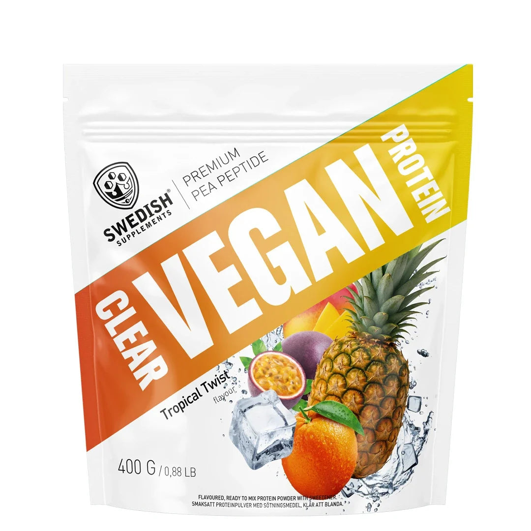 Swedish Supplements Clear Vegan Protein 400 g veganskt proteinpulver i en vit påse med orange och gula detaljer för smaken Tropical Twist.