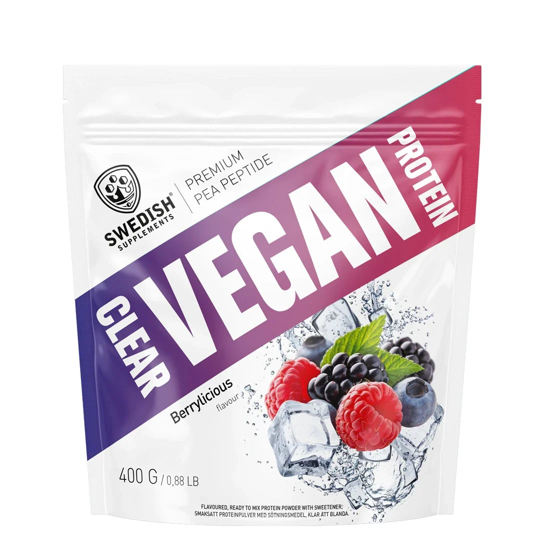 Swedish Supplements Clear Vegan Protein 400 g veganskt proteinpulver i en vit påse med lila och rosa detaljer för smaken Berrylicious.
