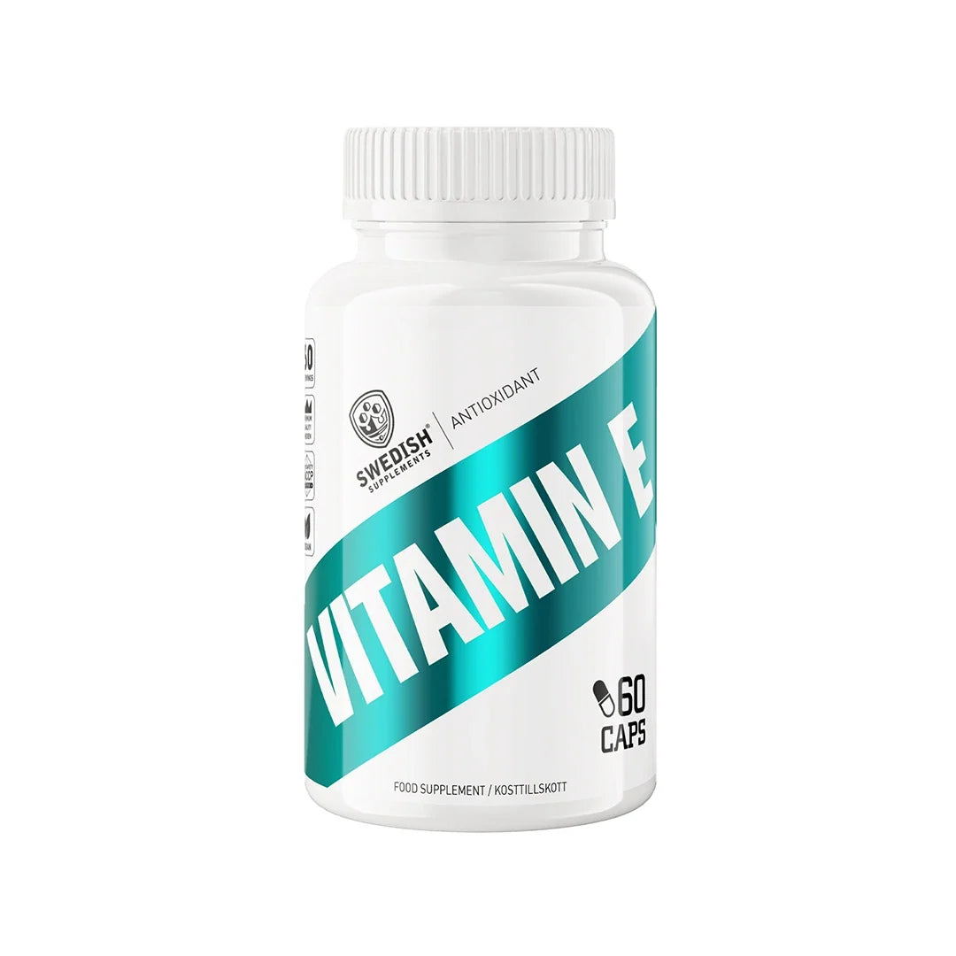 Swedish Supplements Vitamin E 60 caps i en vit burk med grön etikett och text för antioxidant.