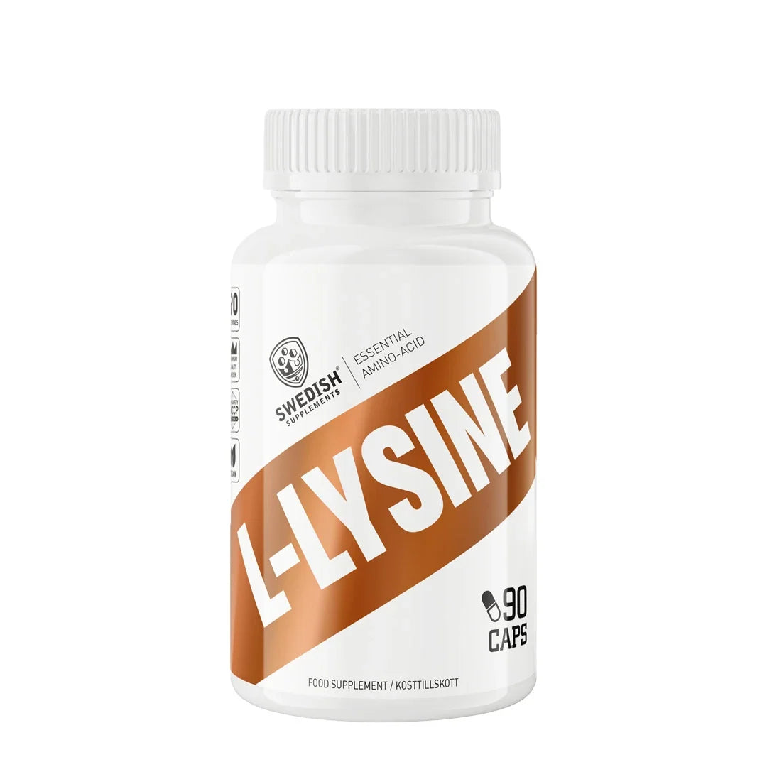 Swedish Supplements L-Lysin 90 caps förpackad i en vit plastburk med bruna detaljer., bild 1 av 1