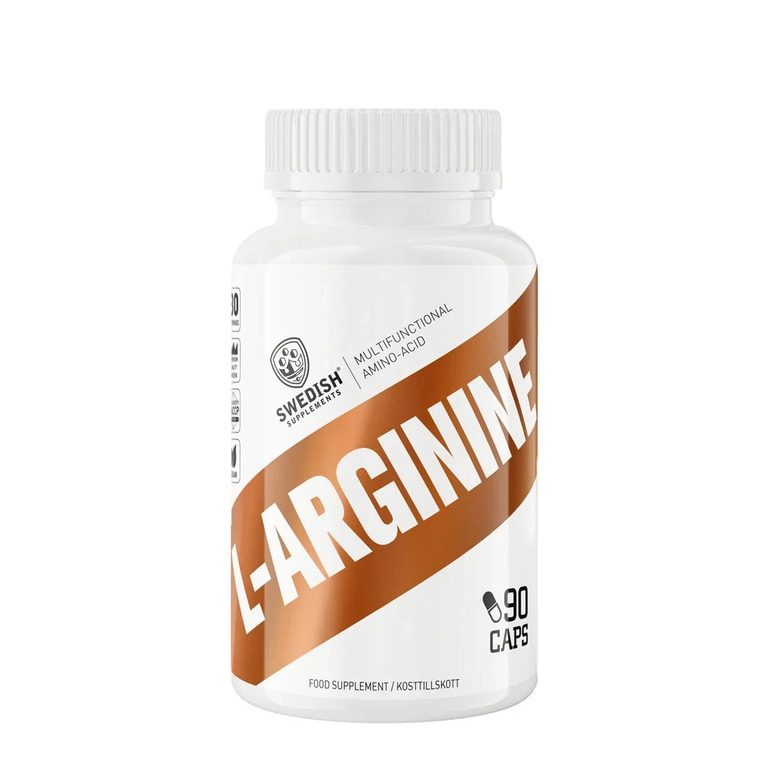 Swedish Supplements L-Arginin 90 caps aminosyra i en vit plastburk med bruna detaljer på etiketten., bild 1 av 1