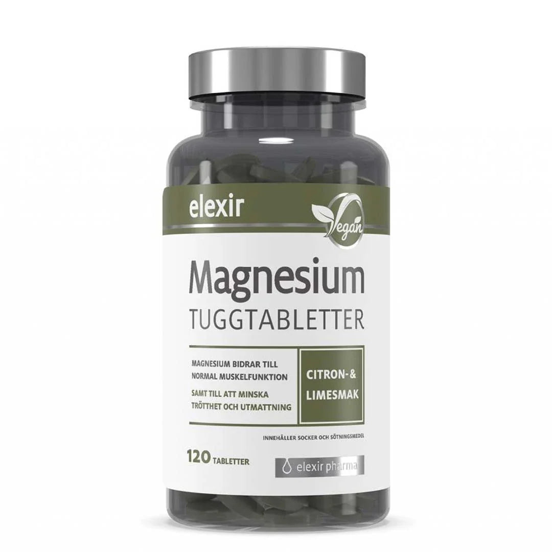 Elexir Pharma Magnesium Tuggtabletter 120 tabs i en transparent burk med grön och vit etikett.
