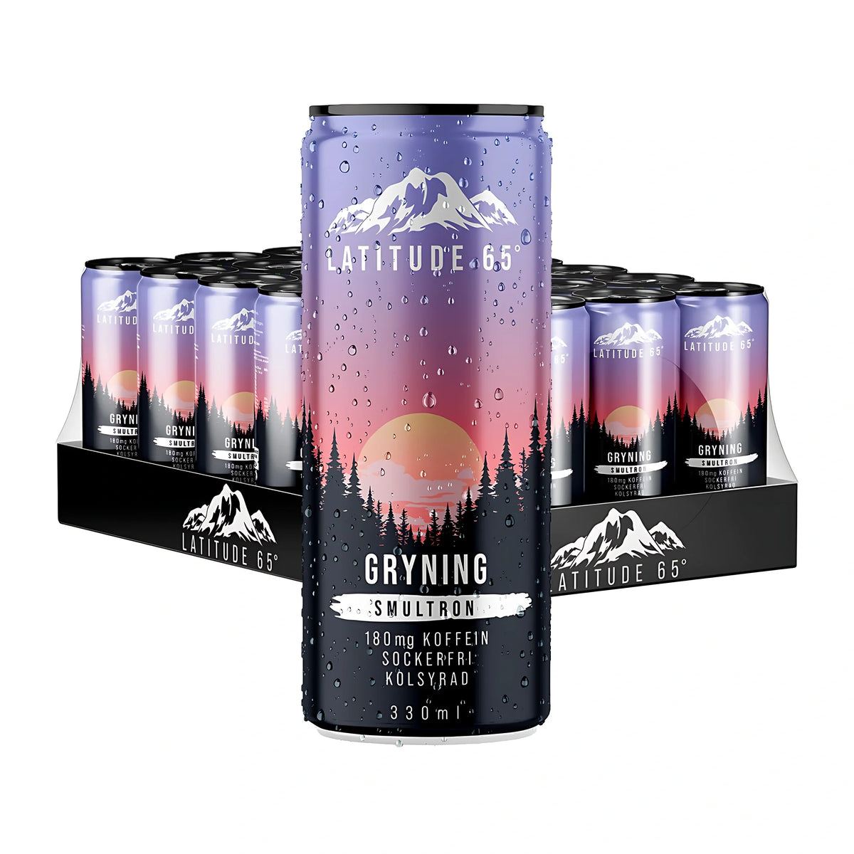 24 x Latitude 65 330 ml Gryning - Smultron i ett 24-pack med lila och rosa burkar prydda med skogsmotiv., bild 1 av 1
