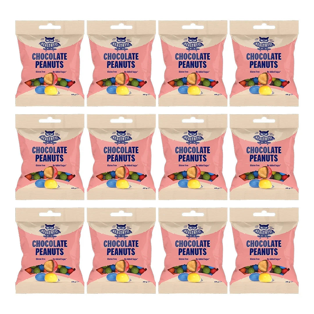 12 x Healthyco Chocolate 40 g Peanuts i rosa påsar med färgglada chokladdoppade jordnötter., bild 1 av 1