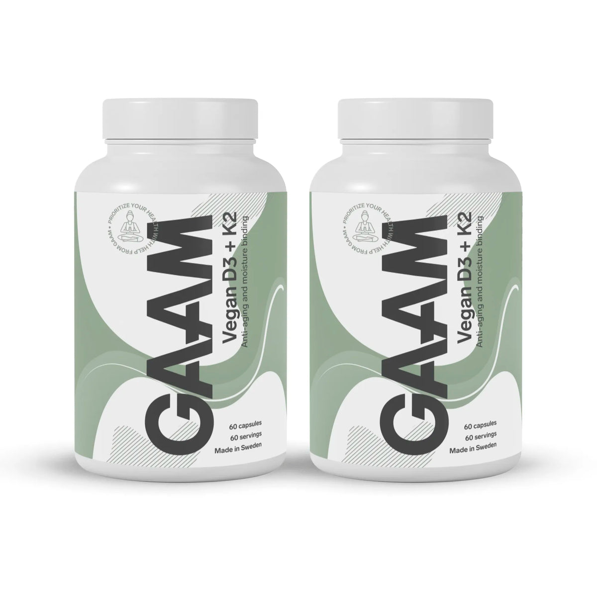 2 x GAAM Vegan D3 + K2 60 caps i två vita burkar med gröna och gråa detaljer., bild 1 av 1