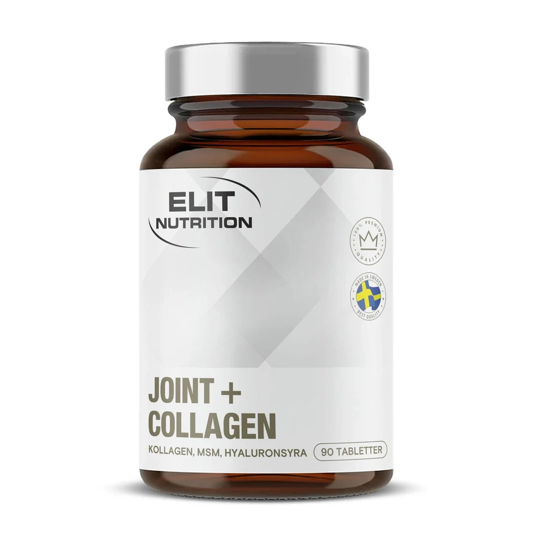 Elit Nutrition Strong Joint 90 caps, kosttillskott i en mörkbrun burk med silverlock och vit etikett.