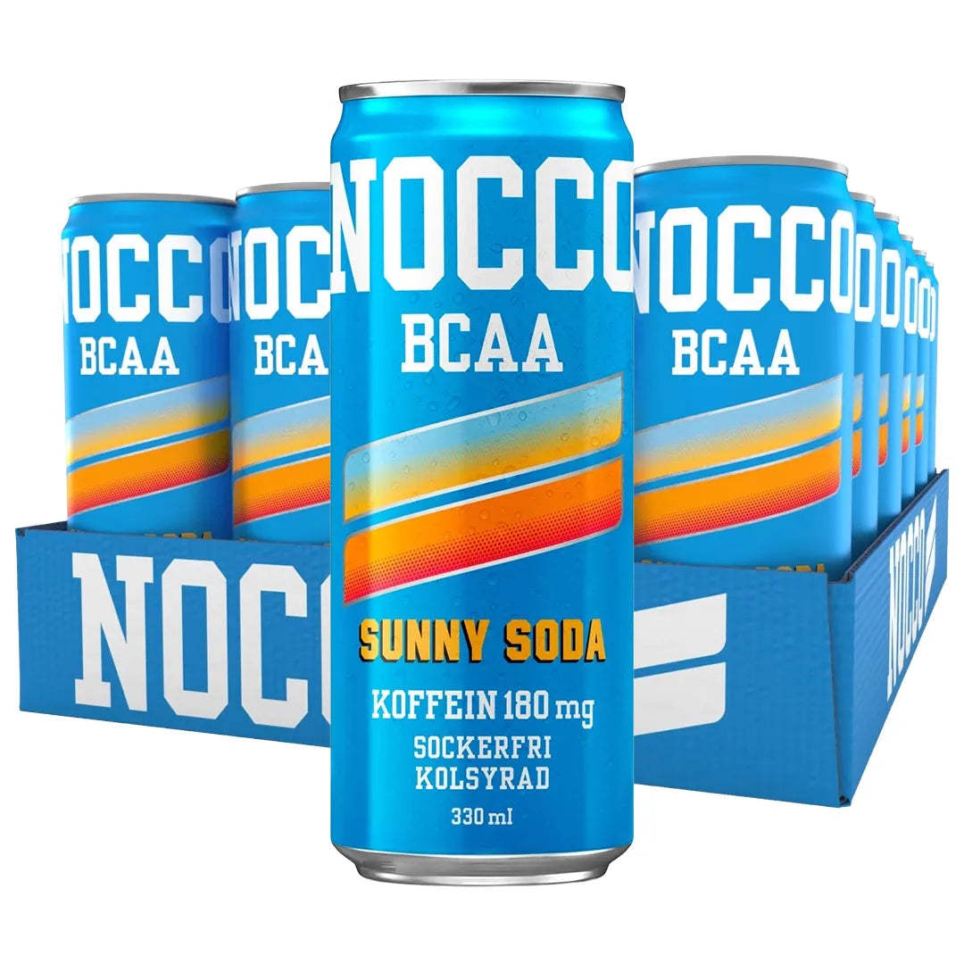 Ett flak med 24 x NOCCO BCAA 330 ml Sunny Soda i blå burkar med gula och orangea detaljer., bild 1 av 1
