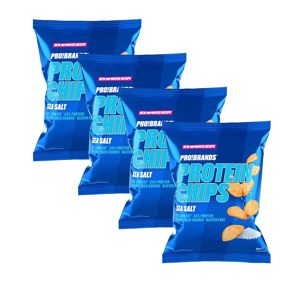 4 x Pro Brands Protein Chips 50 g bestående av fyra blå påsar i smaken Sea Salt.