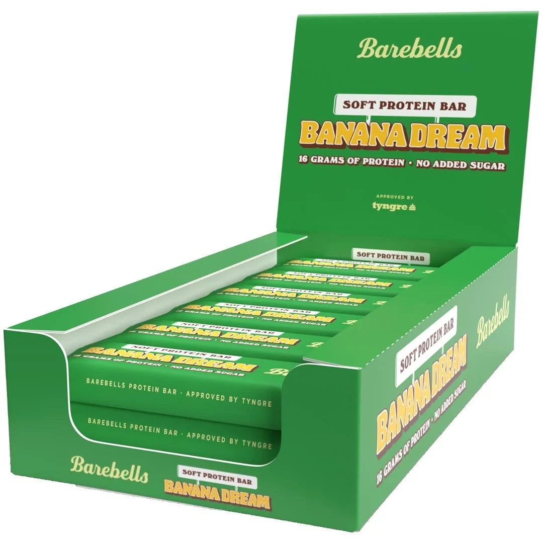 12 x Barebells Soft Bar 55 g Banana Dream förpackade i en grön displaykartong., bild 1 av 1
