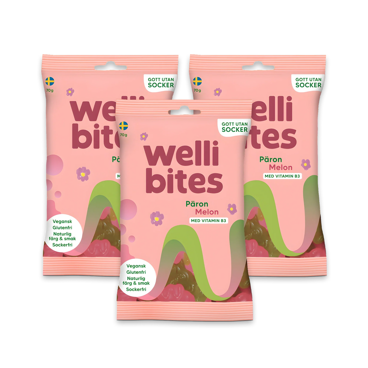 3 x Wellibites Candy 70 g Päron &amp; Melon i tre rosa godispåsar dekorerade med en färgstark regnbåge., bild 1 av 1