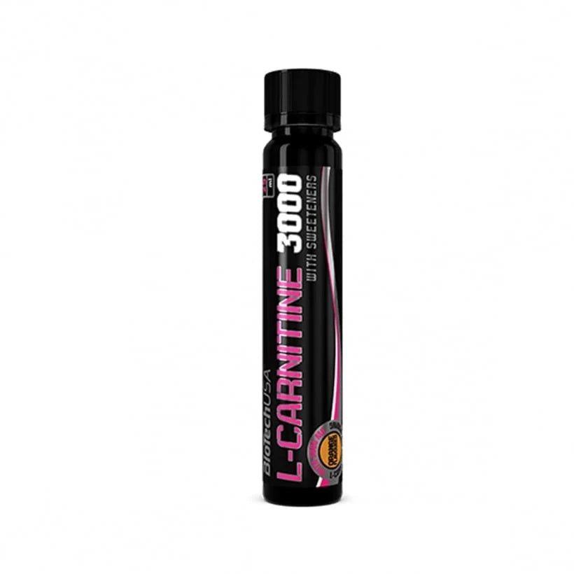 BioTechUSA L-Carnitine 3000 25 ml i en liten svart shotflaska med rosa detaljer för smaken Orange., bild 2 av 3
