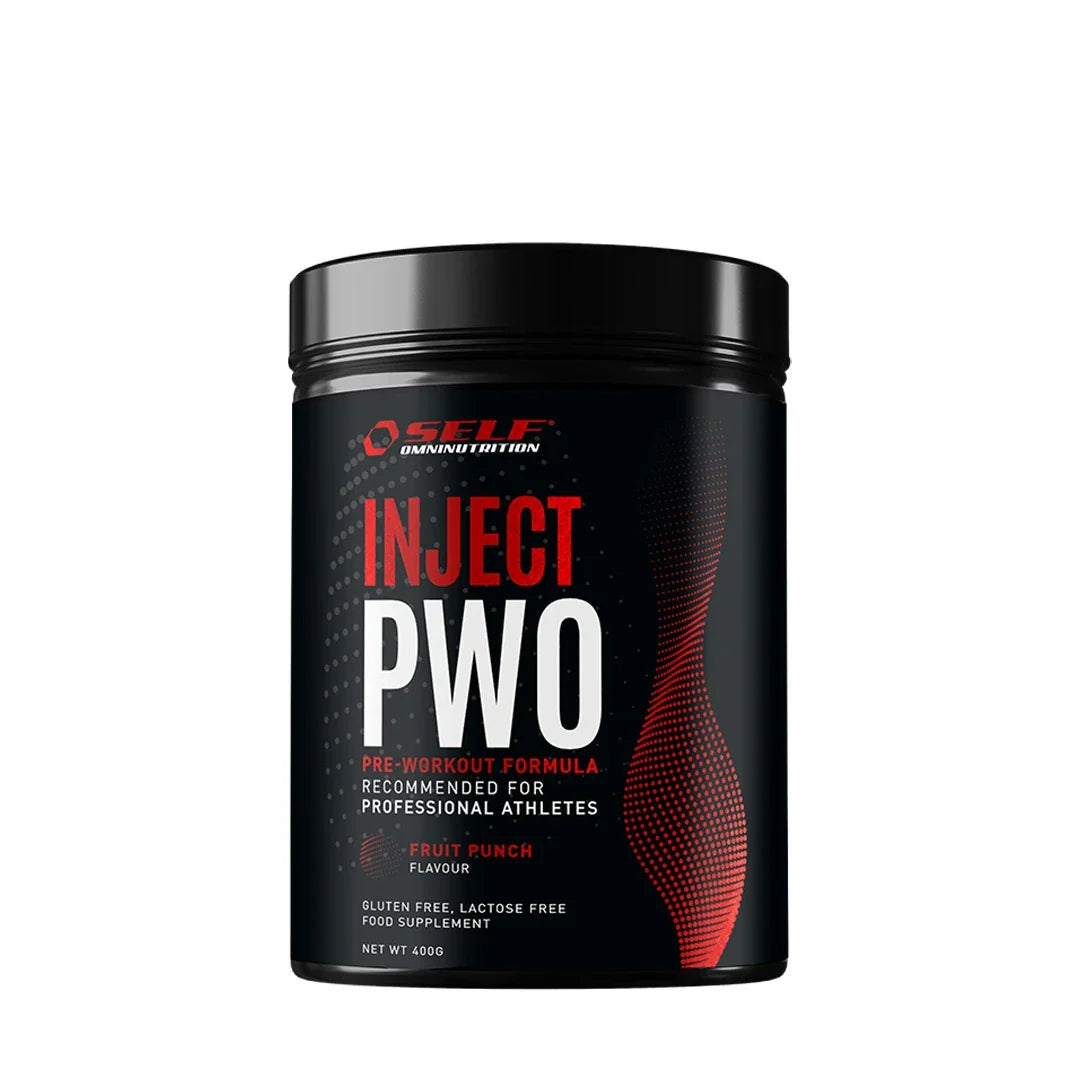 Self Omninutrition Inject 400 g PWO-pulver i en svart burk med röda detaljer och smaken Fruit Punch.