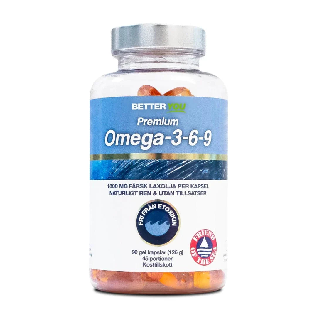 Better You Premium Omega-3 90 caps kosttillskott i en genomskinlig burk med blå och vit etikett fylld med orangea kapslar., bild 1 av 1