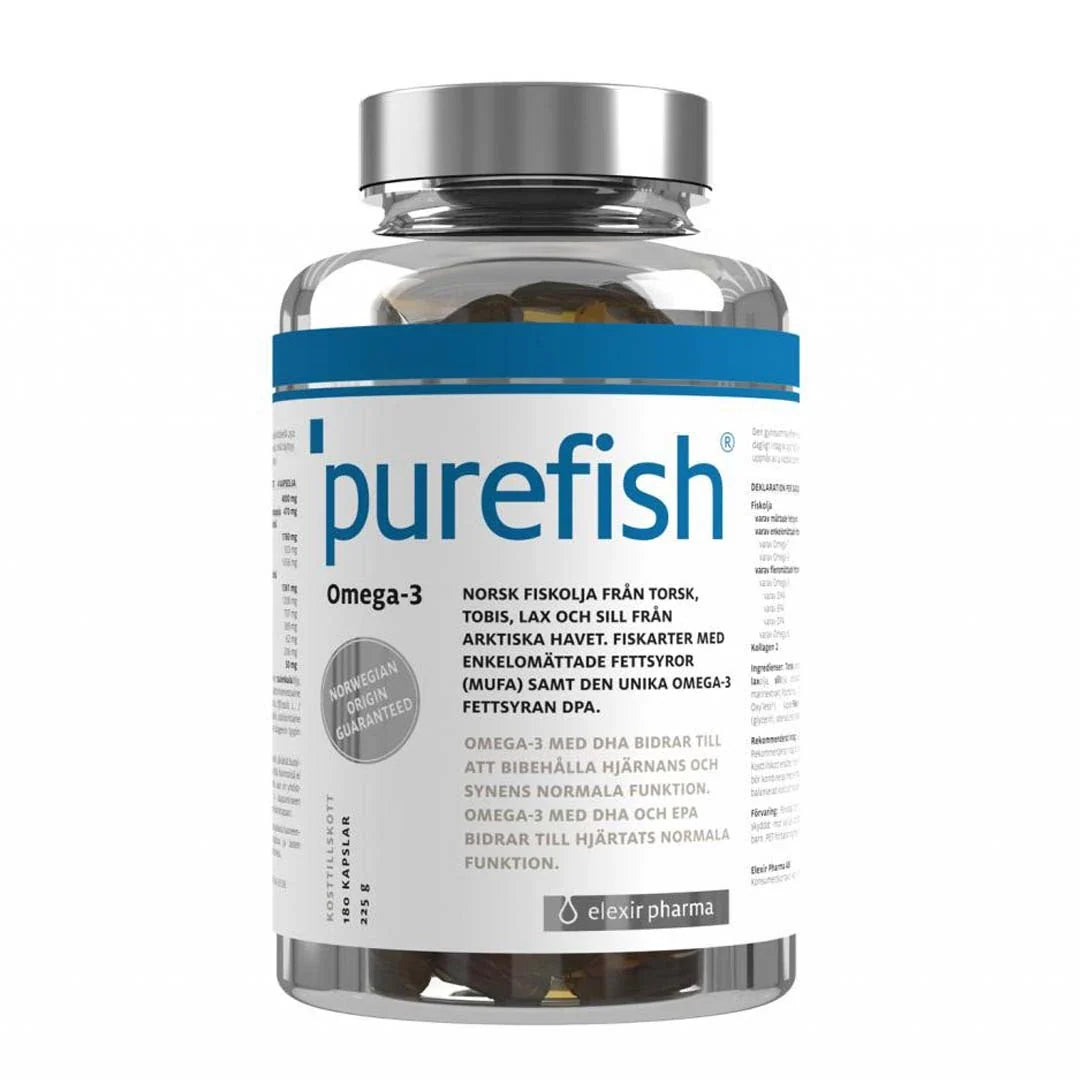 Elexir Pharma Pure Fish 180 caps i en transparent burk med silverlock, vit-blå etikett och gyllene omega-3-kapslar., bild 1 av 1