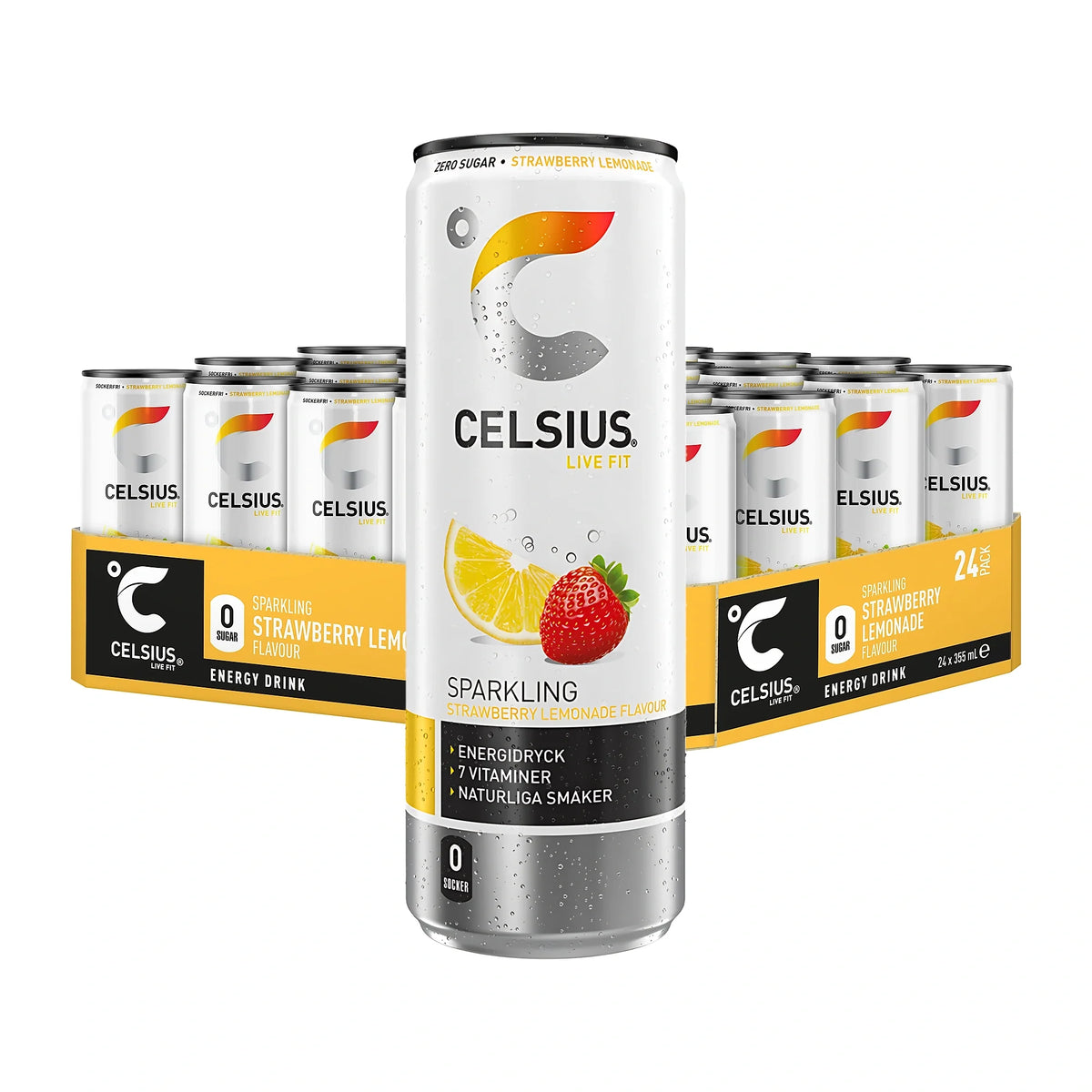 24 x Celsius 355 ml Strawberry Lemonade i ett gult flak med vita burkar och frukttryck för energidryck., bild 1 av 1