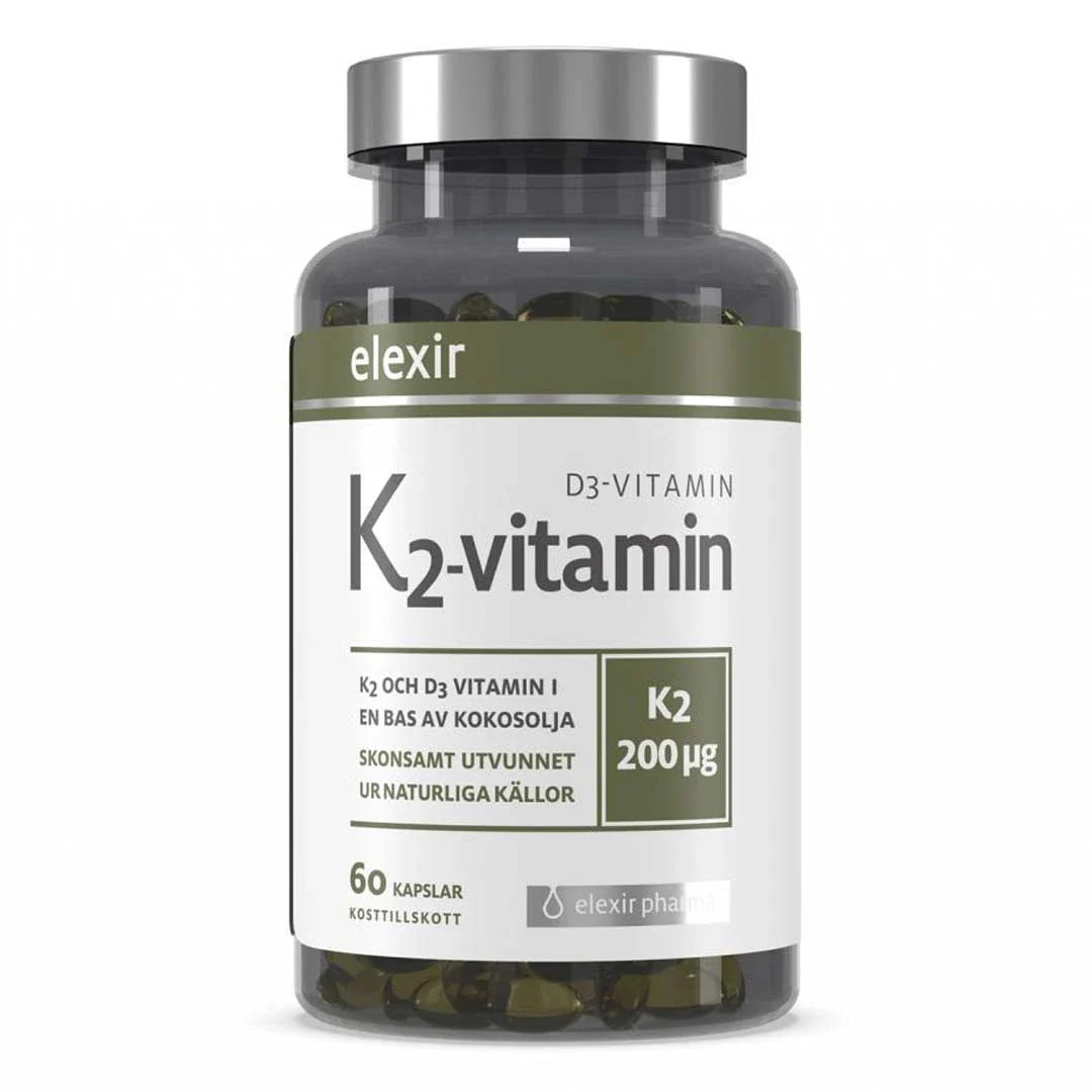 Elexir Pharma K2+D3 60 caps i en transparent burk med silverfärgat lock, vit etikett och olivgröna detaljer.