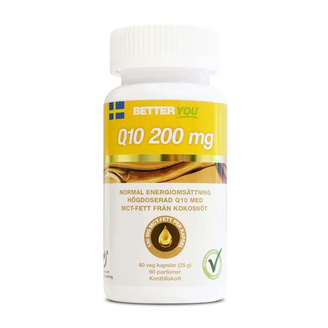 Better You Q10 200 mg 60 caps kosttillskott i en vit plastburk med gul och brun etikett.