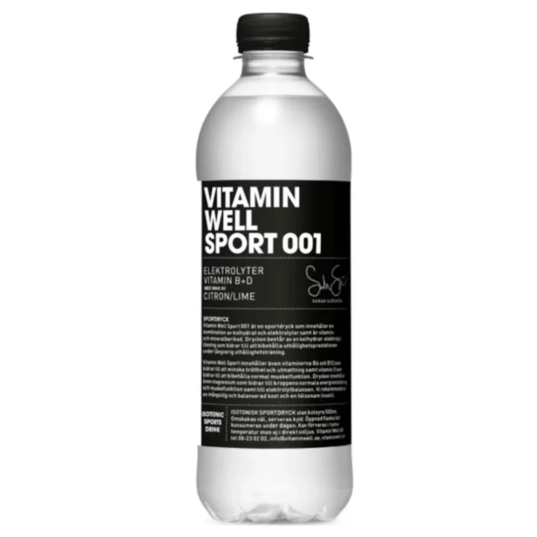 Vitamin Well Sport 500 ml sportdryck i en transparent plastflaska med en svart och vit etikett för smaken Lemon/Lime., bild 1 av 1
