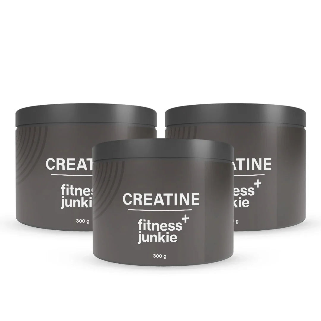 3 x fitnessjunkie Creatine 300 g Kreatin i tre mörkgrå burkar med vit text., bild 1 av 1