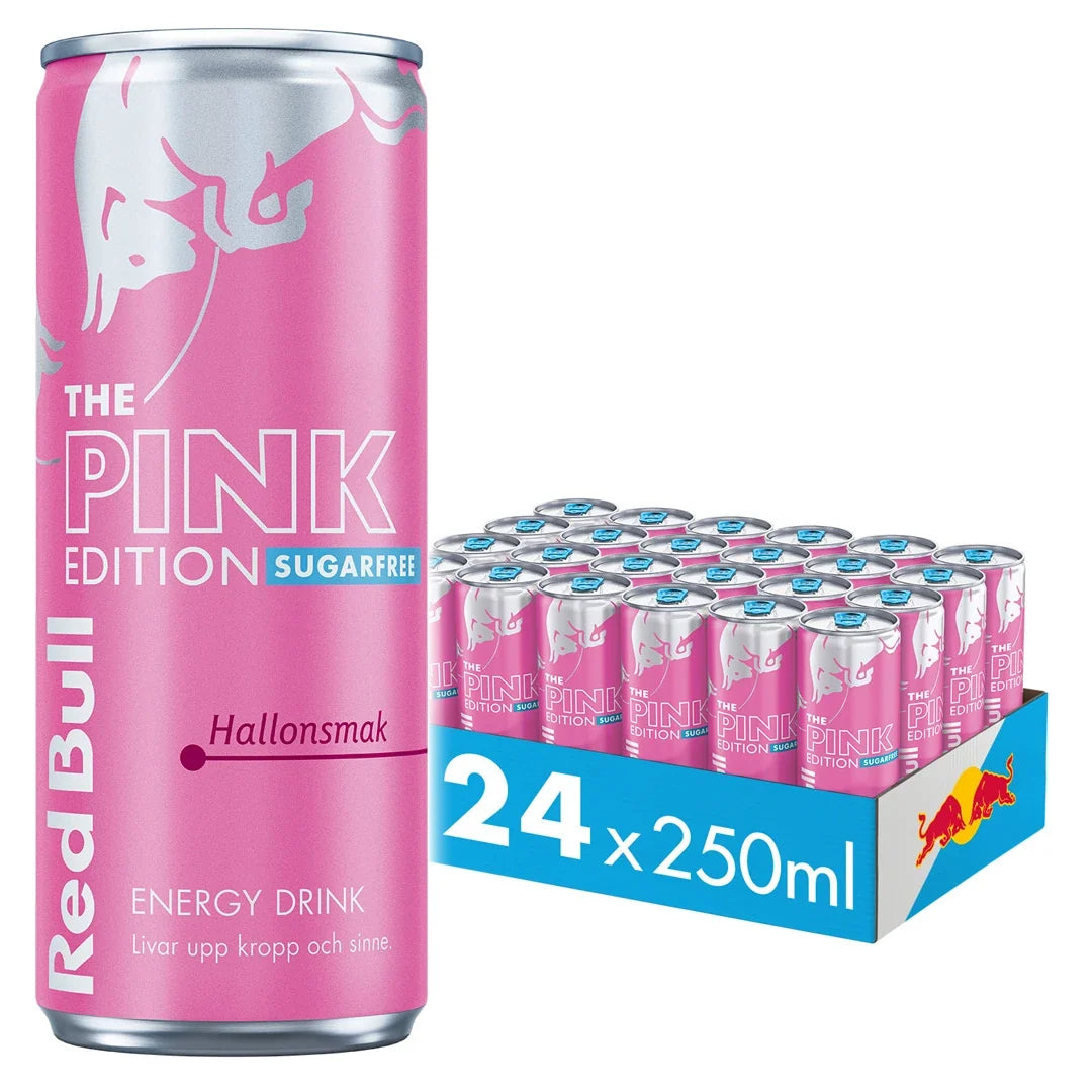 24 x Red Bull Energidryck 250 ml Pink Edition - Hallon (Sockerfri) i ett blått flak med rosa burkar med silvriga detaljer.