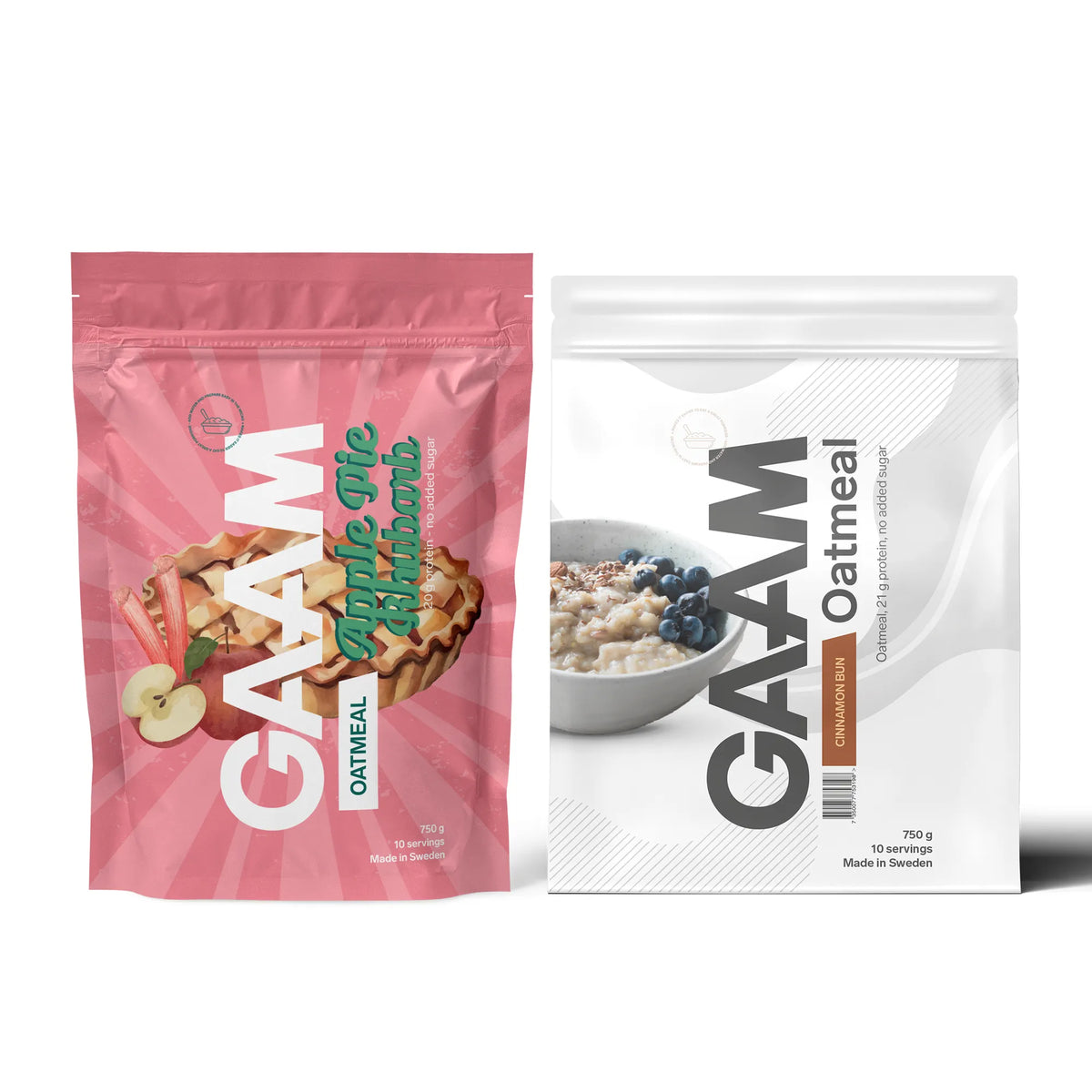 2 x GAAM Oatmeal 750 g proteingröt i en rosa och en vit påse för smakerna Apple Pie Rhubarb och Cinnamon Bun., bild 1 av 1