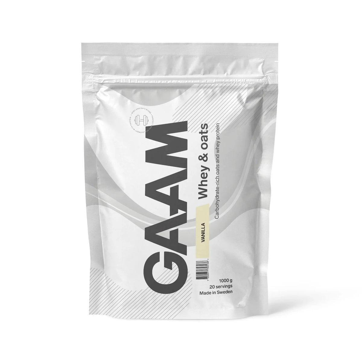 GAAM Whey & Oats 1 kg proteinpulver i en vit påse med ljusgula detaljer för smaken vanilj.