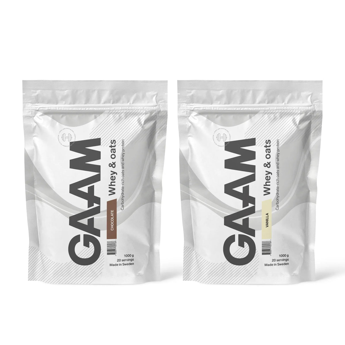 2 x GAAM Whey &amp; Oats 1 kg proteinpulver i två vita påsar för smakerna Chocolate och Vanilla., bild 1 av 1