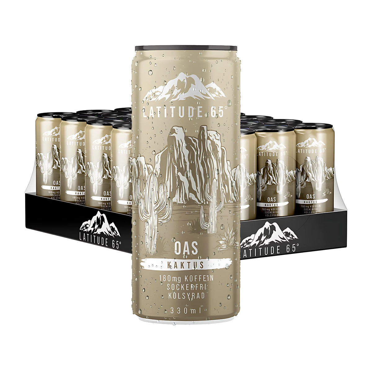 24 x Latitude 65 330 ml Oas - Kaktus i ett helt flak med beige burkar prydda med kaktusmotiv.