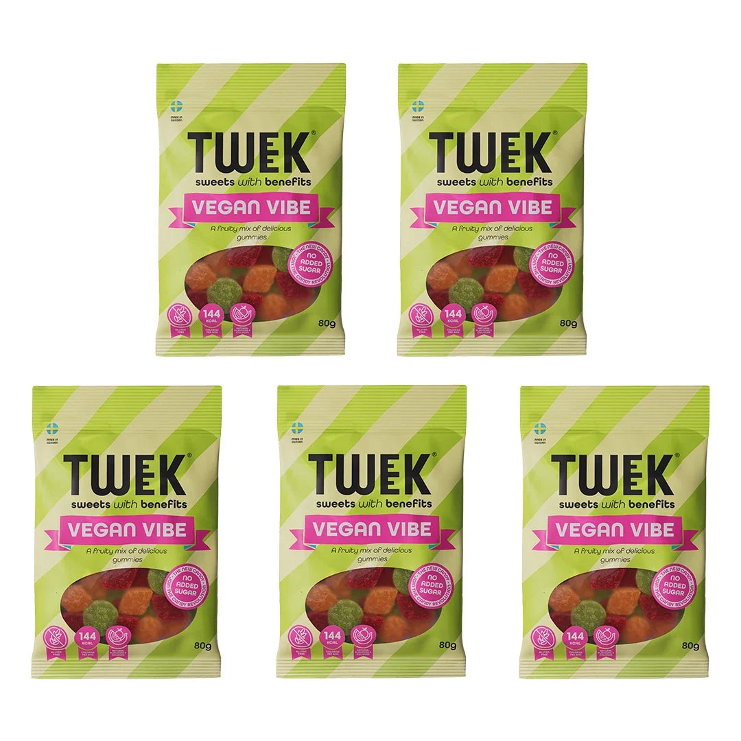 5 x Tweek Sweets 80 g Vegan Vibe i form av fem ljusgröna godispåsar med rosa detaljer och färgglada vingummin., bild 1 av 1