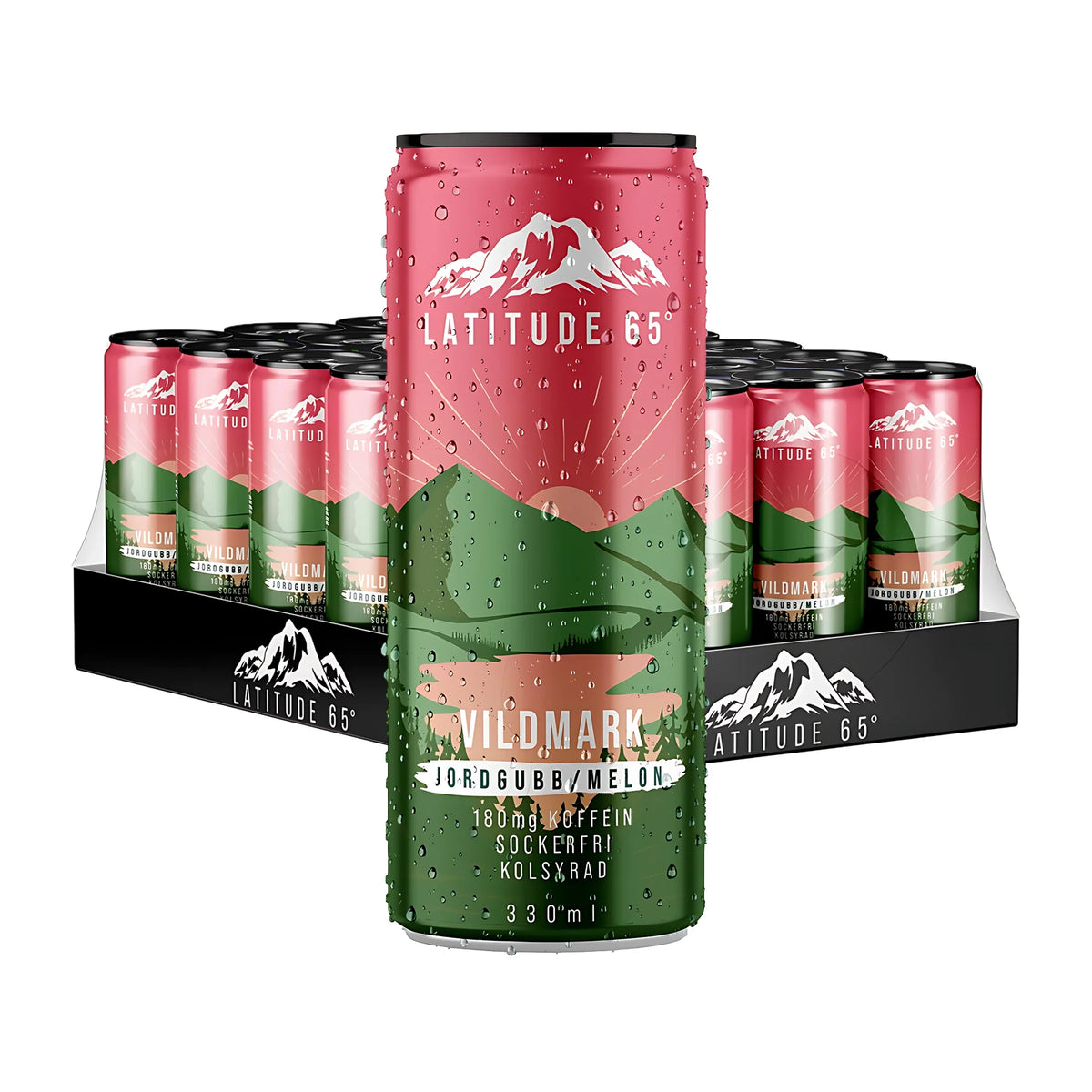 24 x Latitude 65 330 ml Vildmark - Jordgubb & Melon kolsyrad dryck i ett flak med en daggvåt rosa och grön burk i förgrunden.