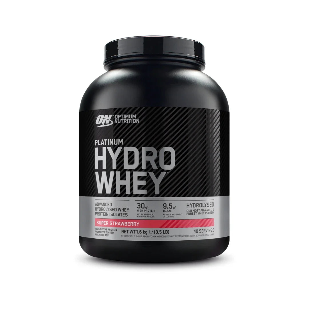 Optimum Nutrition Platinum Hydro Whey 1.6 kg proteinpulver i en svart burk för smaken Supercharged Strawberry., bild 1 av 3