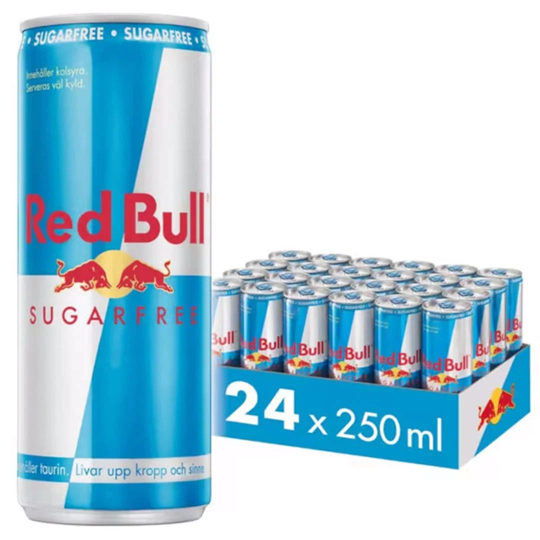 24 x Red Bull Energidryck 250 ml Sockerfri i ett flak med ljusblå och silvriga burkar med röd text., bild 1 av 1