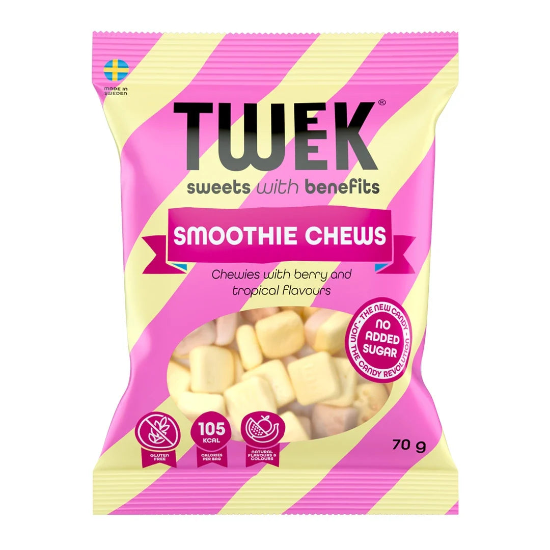 Tweek Sweets 70 g godis i en rosa och gulrandig påse för smaken Smoothie Chews., bild 4 av 4