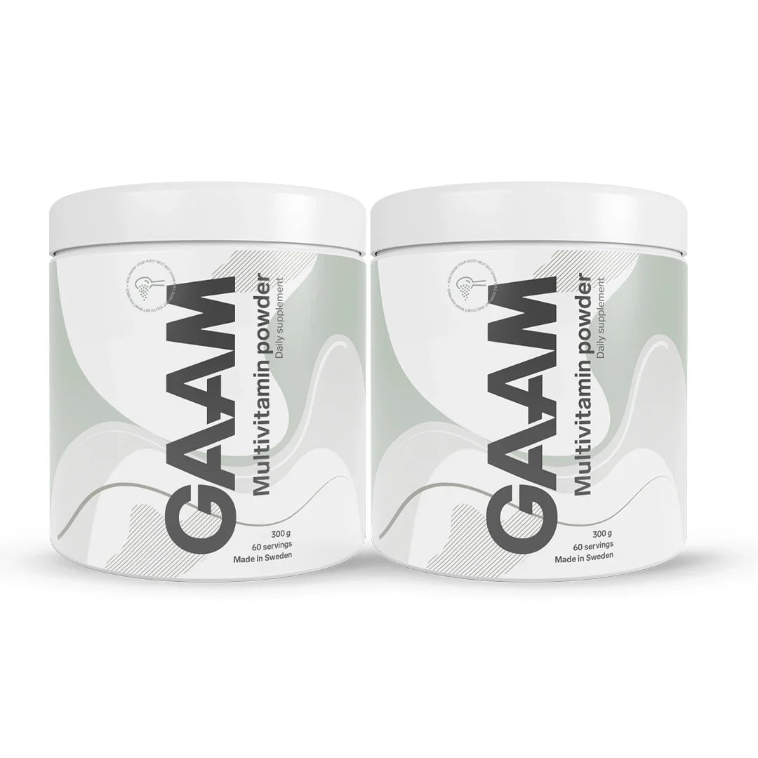 2 x GAAM Multivitamin Powder 300 g i två vita burkar med gråa och gröna detaljer., bild 1 av 1