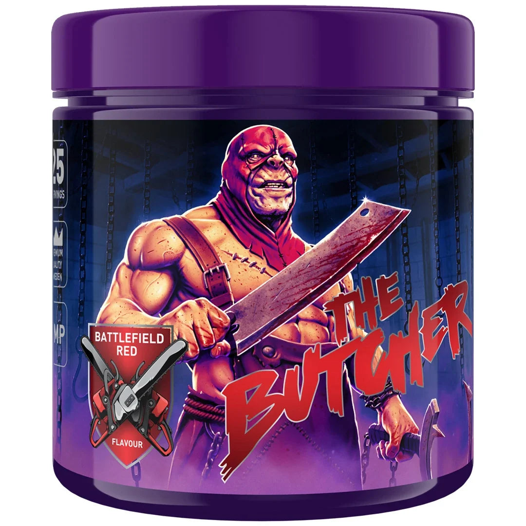 Swedish Supplements The Butcher 425 g pre-workout i en lila burk med en muskulös figur och smak av Battlefield Red.